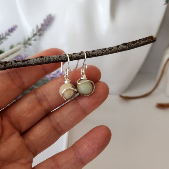 Silver Plated Wire Wrapped Amazonite Earrings, Boho Dangle Earrings - Picture 3 of 10